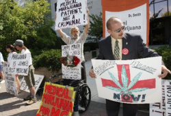 Jim Miller, center, of Toms River, and Chris Goldstein, right, of Riverside, joined other members of the Coalition for Medical Marijuana protest in front of the Somerset County Courthouse in Somerville, NJ.